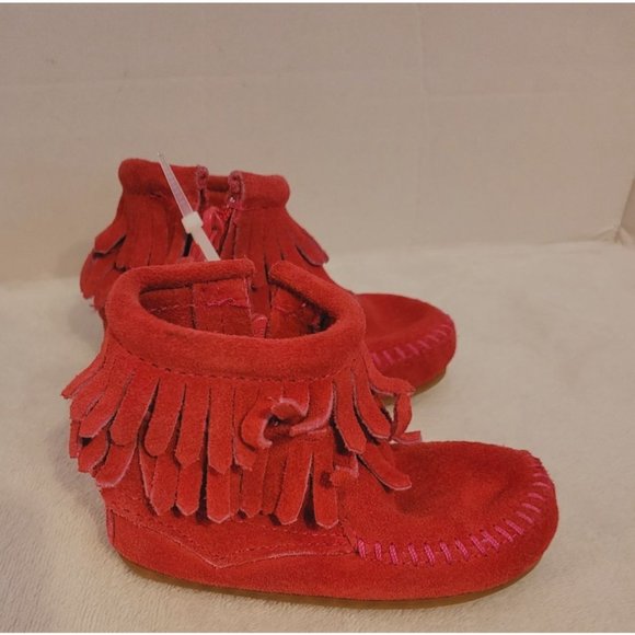 Minnetonka Pink Double Fringe Side Zip Boot Size 4 - Picture 4 of 10